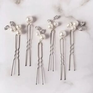 Set of 6 Pearl & Crystal Bridal Hair Pins - Silver